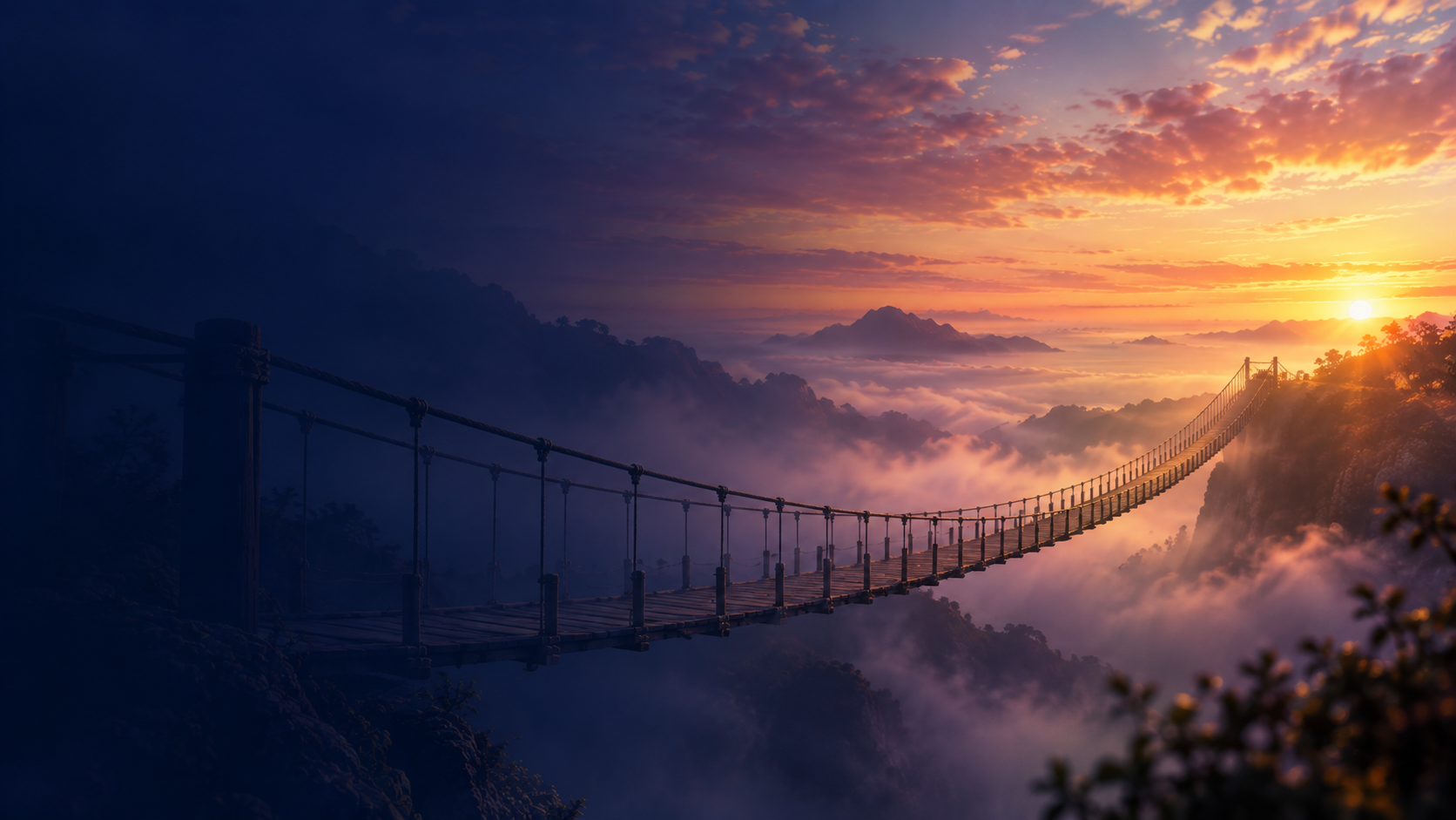 Un pont de bois suspendu en courbe vers la lumière dorée, au-dessus d'une mer de nuages au lever du soleil