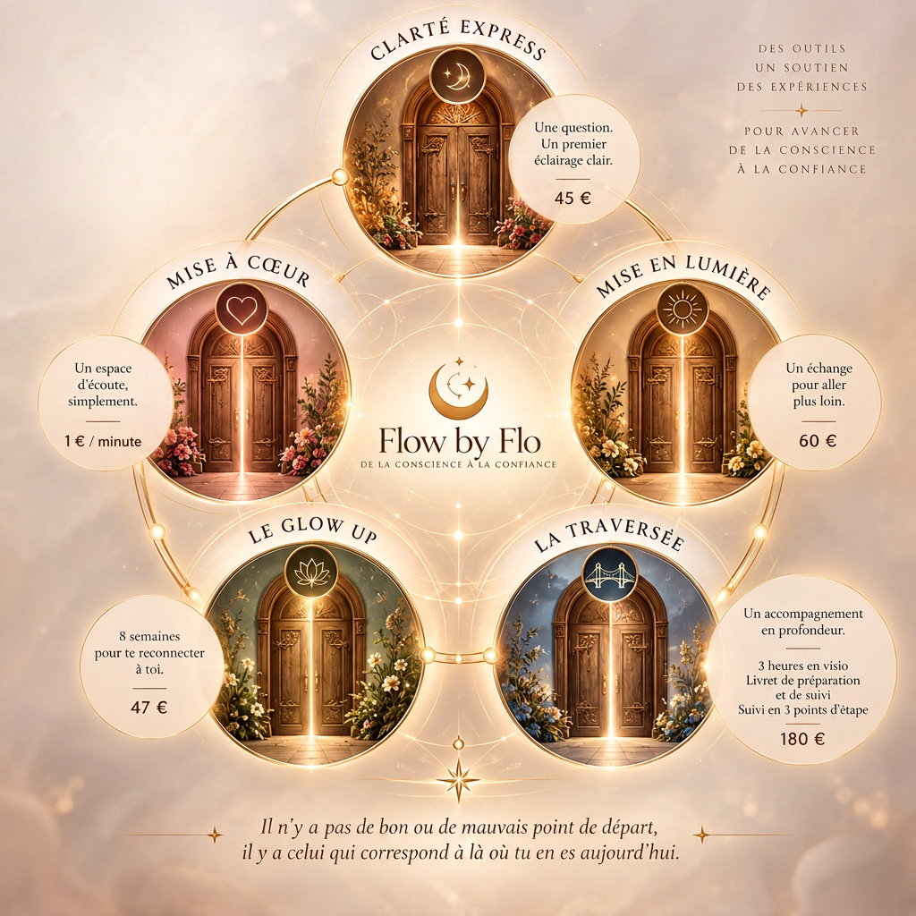 Les cinq portes d'entrée de Flow by Flo reliées en cercle : Clarté Express, Mise en Lumière, La Traversée, Le Glow Up et Mise à Cœur